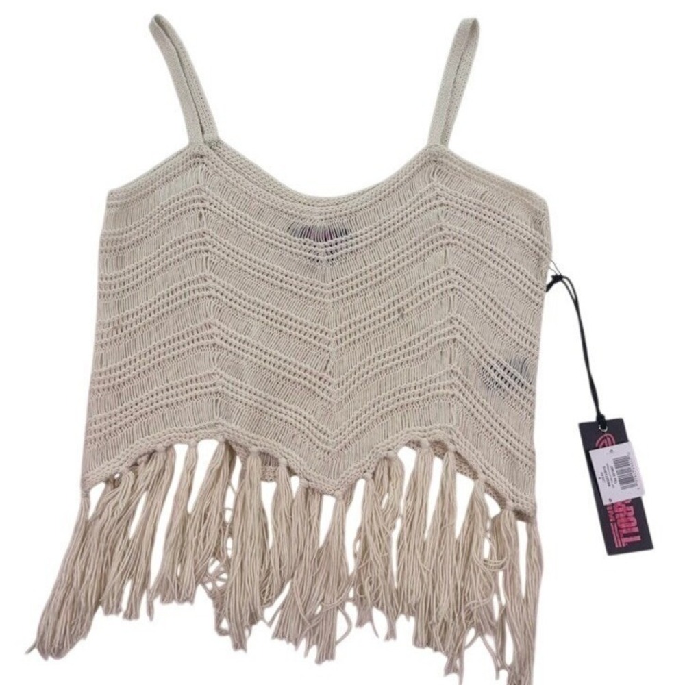 Rock & Roll Denim Crochet Fringe Tank Top Ivory Small NWT